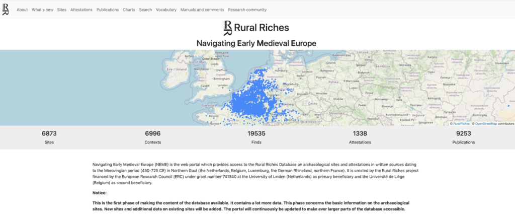 printscreen of database webportal with map and number of sites, finds and attestations